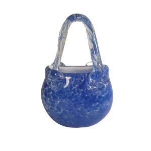 Art Glass Lauren Purse Vase Hand Blown Polished Block Crystal Cobalt Blue 8"